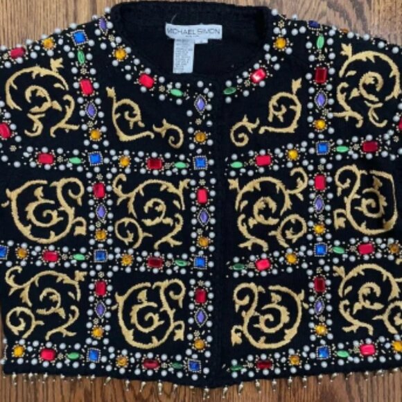 Michael Simon Vintage Embelished Cropped Sweater Cardigan Regal Black Size 2 - Picture 2 of 8